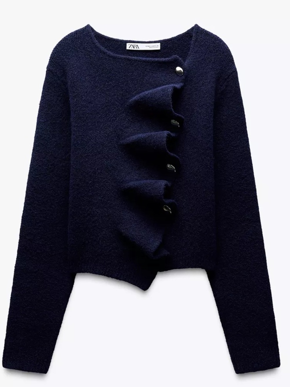 Zara Navy Ruffle-Front Crewneck Sweater